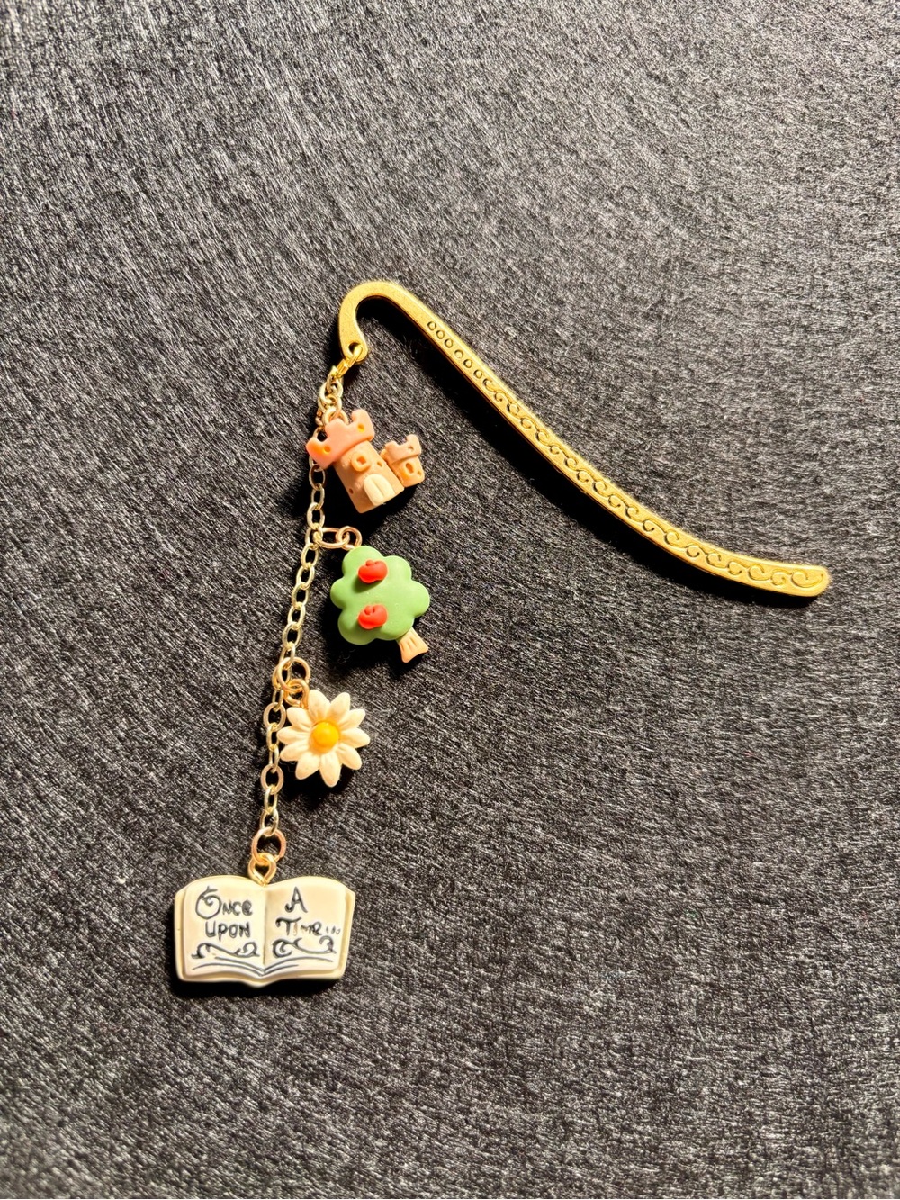 Gold Storybook Charm Bookmark with Green Tree & Pink House Charms